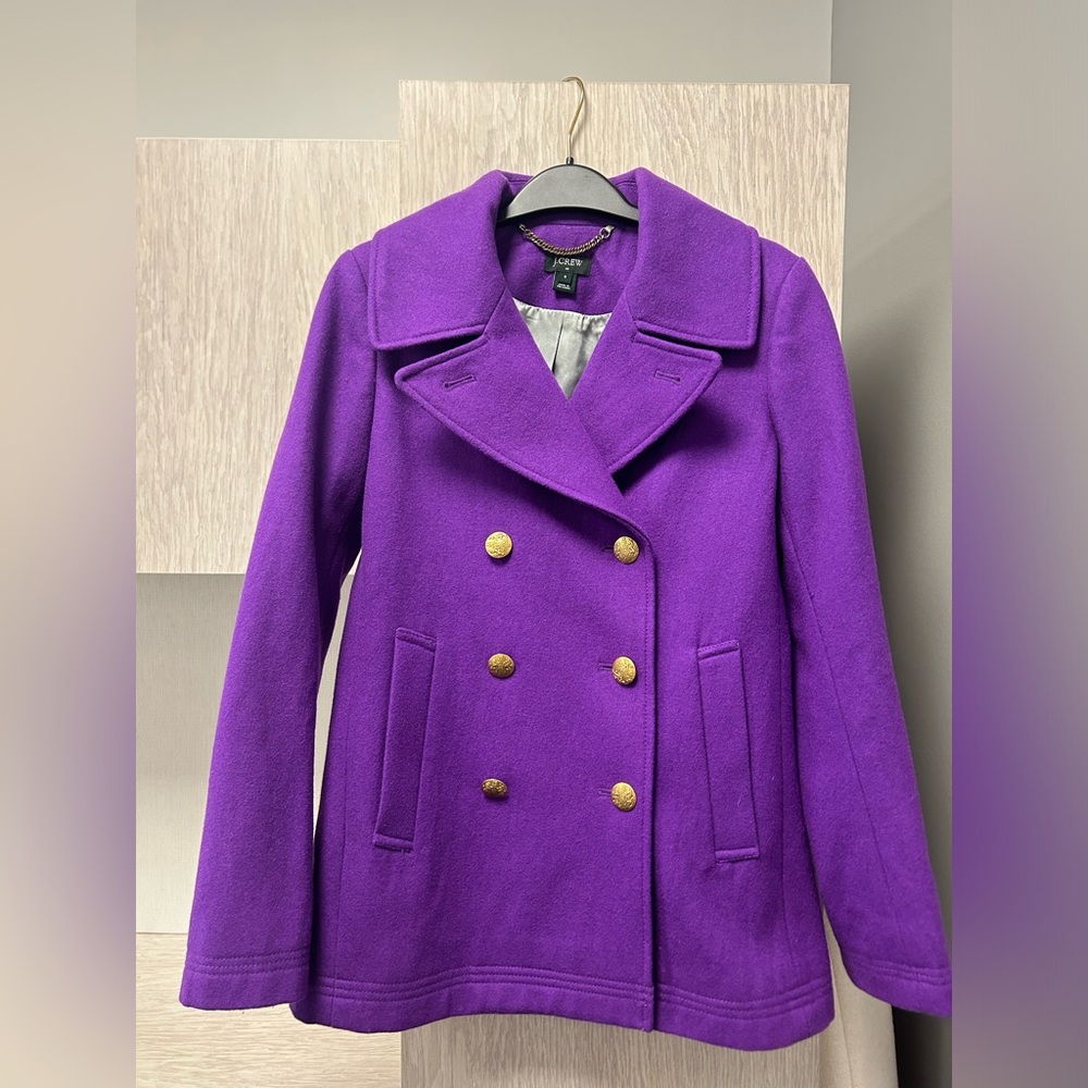 J. Crew Purple Pea Coat Double-Breasted Wool Majesty Stadium Cloth Gold Buttons